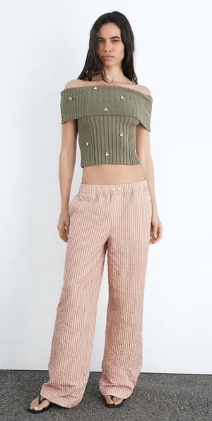 ZARA Green Off The Shoulder Rhinestone Top thumbnail 2