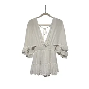 White V-Neck Ruffle Sleeve Smocked Waist Blouse thumbnail 4