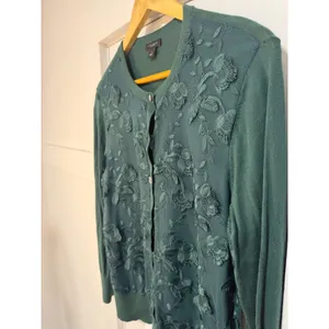Ann Taylor Factory Teal Green Floral Embroidered Mesh Cardigan Sweater Large thumbnail 6