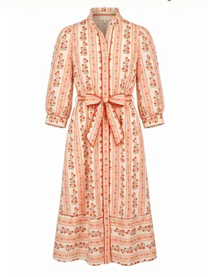 Entro Floral 100% Cotton Puff Sleeve Belted Midi Dress with Pockets Size Small thumbnail 3