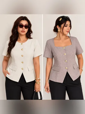 SHEIN Women’s Short Sleeve Blazer Tops Gold Buttons Set of 2 size 1XL ( 14 US ) thumbnail 2