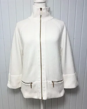 Ralph Lauren white Cotton‎ Zip-Front Knit Sweater Jacket / Gold zipper Size L thumbnail 1