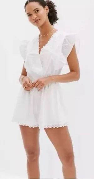 American Eagle Outfitters Eyelet Ruffle White Backless Romper thumbnail 1