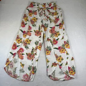 Salty Lemon Floral Wide‎ Leg Tulip Hem Pants White Pink Yellow Large Tropical thumbnail 1
