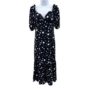 Lovers + Friends Dennis Midi Dress‎ Black White Polka Dot Ruffle XXS Puff Sleeve thumbnail 3
