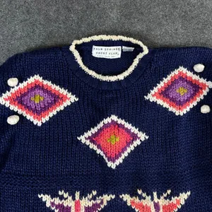 Palm Springs Yacht Club Vintage Navy Floral Knit Sweater Pom Pom Trim Medium thumbnail 8