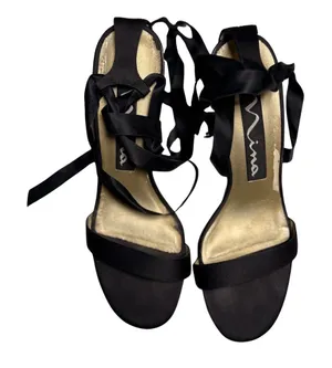 Nina Black Satin Heels with Ribbon Straps thumbnail 1