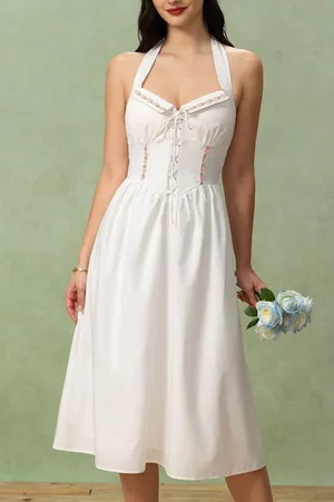 Rihoas White Embroidery A-Line Halter Midi Dress thumbnail 1
