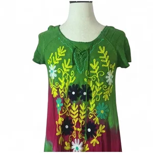 Embroidered Tie‎ Dye Dress Green Pink Floral Short Sleeve Casual thumbnail 2