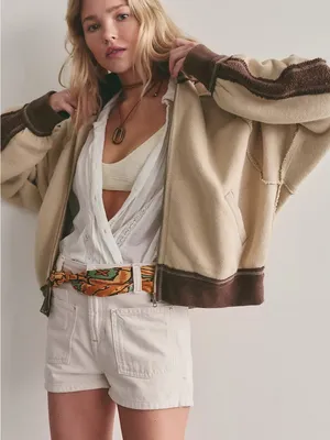 Free People We The Free I'm Yours Turtle Zip-Up in Espresso Cream Combo NWOT thumbnail 1