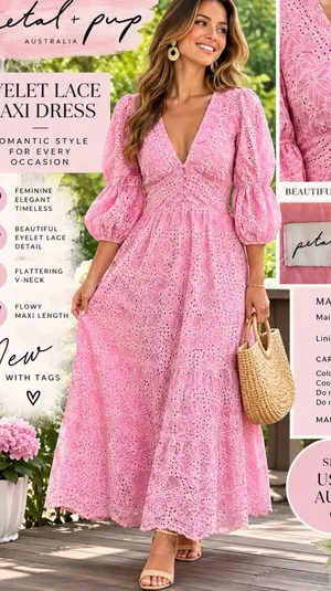 Petal & Pup Pink Eyelet Lace V-Neck Maxi Dress thumbnail 1