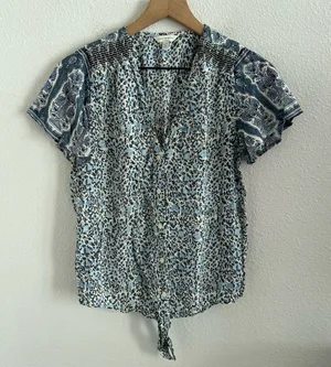 Lucky Brand Mixed Print Tie Front Button Blue Floral Top XS thumbnail 1
