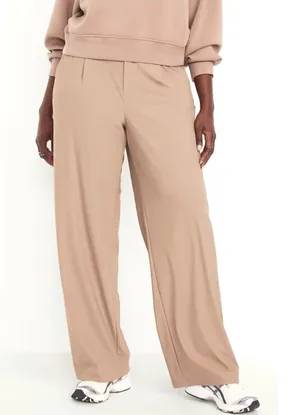 Old Navy Large T SleekTech High Waist Wide Leg Trousers Tan Khaki Pleated Pants thumbnail 1