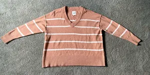 Aerie Women Tan Striped Oversized V-Neck Sweater Size L Cozy Slouchy Knit Soft thumbnail 1