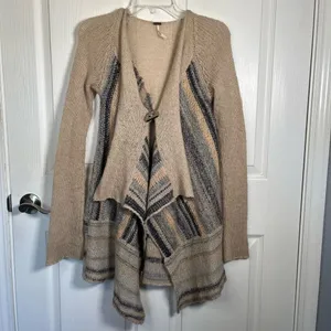 Free People Sz S Cardigan Toggle Closure Wool Blend Tan Blue Metallic thumbnail 13