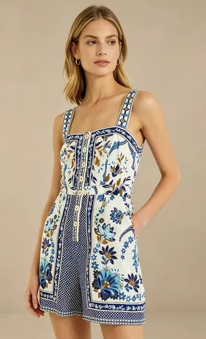 NWOT Farm Rio Linen Blend Floral Print Romper Blue Size S thumbnail 1