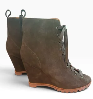 Linea Paola Dark Green Peep Toe Lace Suede up Wedge Heel Booties Size 5M NIB thumbnail 1