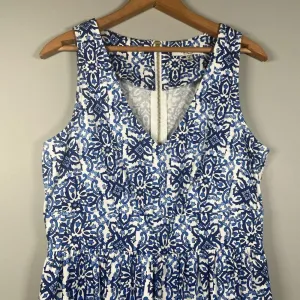 Milly Blue White Cotton Floral Sleeveless‎ V-Neck Shift Dress Sz 10 Fit & Flare thumbnail 4