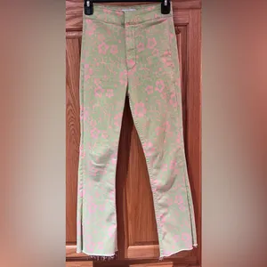 ZARA Green & Pink Floral Print Flare Cropped‎ Stretch Denim Jeans Y2k Size 4 thumbnail 3