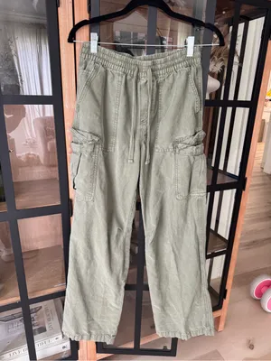Aerie olive fun Village Cargo Pants jeans drawstring pockets wide leg mid rise thumbnail 7