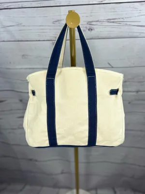 Designer Inspired Ivory & Navy Canvas Satchel Tote Bag Gold Hardware thumbnail 8