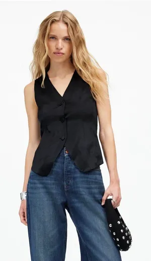 Madewell Black Satin Button Front Vest Sz 12 thumbnail 1