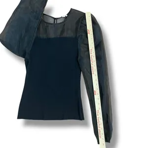 Black Sheer Puff Sleeve Top Ribbed Knit Romantic‎ Coquette Blouse L thumbnail 4