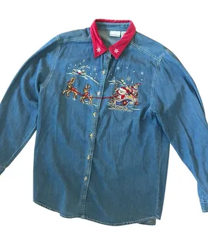 Y2K Bobbie Brooks Santa Reindeer Embroidered Denim Button-Down Shirt Size Large thumbnail 1
