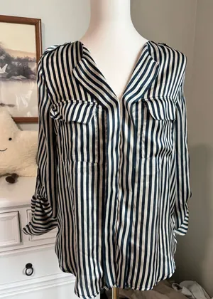 Love Culture coastal nautical Striped Satin Blouse Navy Cream Roll Tab Sleeve Button Up thumbnail 1