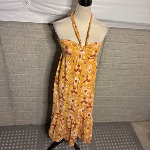 Aerie Orange Ikat Print Braided Halter Midi Dress Smocked Back Small thumbnail 4