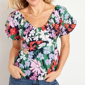 Old Navy Floral Puff Sleeve Peplum Flared Hem V‎ Neck Top Shirt Blue Multi Small thumbnail 2