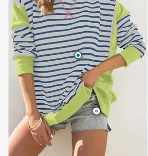 Crewneck color block casual Striped sweatshirt size medium women's green blue thumbnail 3