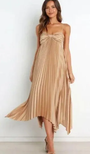 Petal & Pup Vikki Gold Satin Pleated Asymmetrical Hem Midi Dress 2 thumbnail 3
