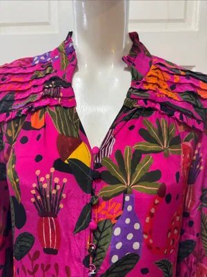 Farm Rio Jungle Print Maxi Dress Womens Pink Leopard Monkey Long Sleeve Sz S thumbnail 5