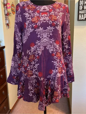 Free People Smooth Talker purple floral long sleeve tunic dress drop waist XS thumbnail 1