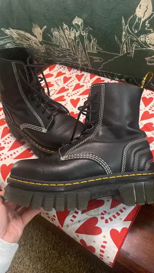 Dr. Martens Audrick 8-Eye Quilted Platform Boots in black Nappa Lux leather with white contrast stitching Size 9W thumbnail 3
