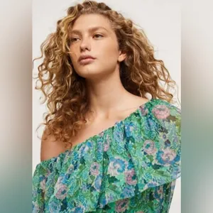 Mango Ruffle One-Shoulder Frill Hem‎ Floral Print Maxi Dress Green Size 2 thumbnail 4