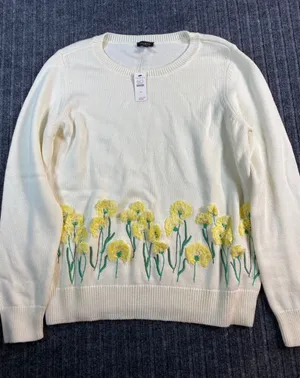 TALBOTS Sweater Women M Ivory Yellow Floral Embroidered Crewneck Cottage Spring thumbnail 1