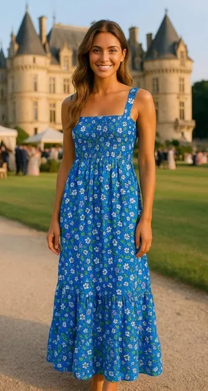 LOFT Blue Floral Smocked Maxi Dress Cottagecore Romantic Garden XS Wedding Party thumbnail 2