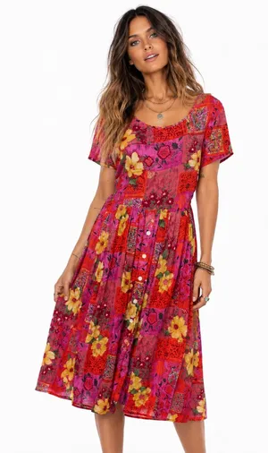 BILA Boho Patchwork Floral Midi Dress Pink Red Rayon Size Small thumbnail 1