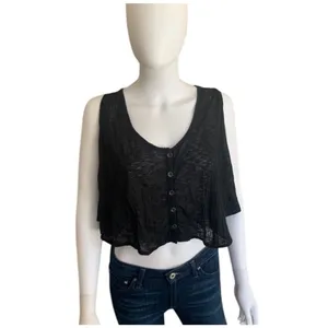 ✨Free People Black Crinkle Button Front Swing Crop Sz Medium Top✨ thumbnail 3
