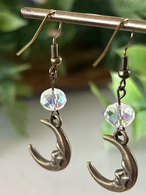 Handmade brass moon earrings with AB crystals thumbnail 4
