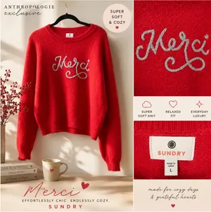 Sundry Merci Red Cozy Knit Sweater Large Super Soft Parisian Chic Anthropologie thumbnail 3
