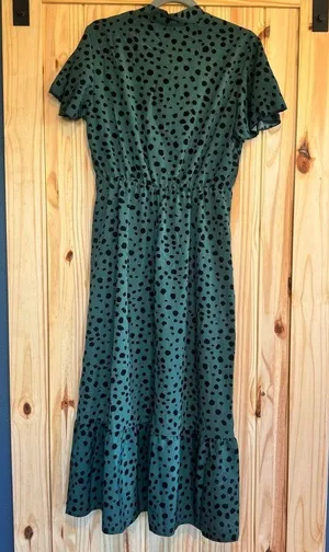 SheIn Rockabilly Green & Black Spotted Bow Neckline Flutter Sleeve Dress size Large thumbnail 9