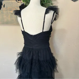 Lulus Black Swiss Dot Tiered Maxi Dress Open Back Mesh Formal Wedding Guest M thumbnail 6