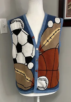 CHRISTOPHER & BANKS VTG Hand Embroidered Sports Balls Cardigan Sweater Vest L thumbnail 1