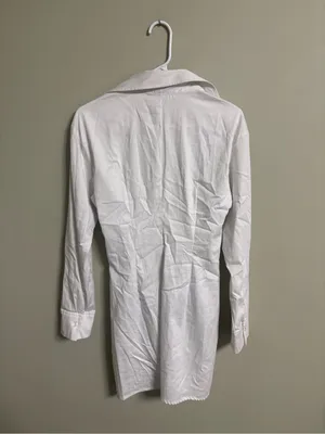 Zara Poplin Shirt Dress Mini White Knot Size XS Long Sleeve Bridal Shower Photos thumbnail 3