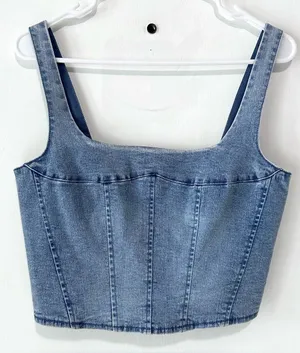 Belle Vere Top Blue Denim Cotton Cropped Sleeveless Zip Up Tank Shirt NWT Small thumbnail 1
