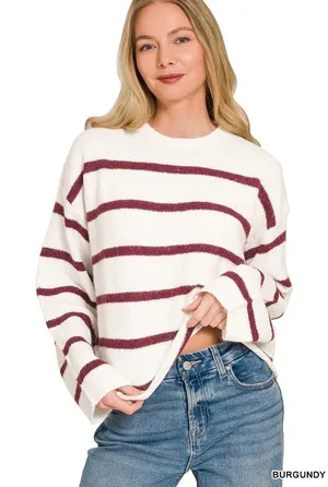 Zenana Wool Blend‎ Striped Sweater - Burgundy - Large thumbnail 1