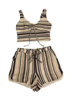No Boundaries Knit Tank Shorts Matching Set Brown White Crochet Boho Size XS (0/2) thumbnail 1